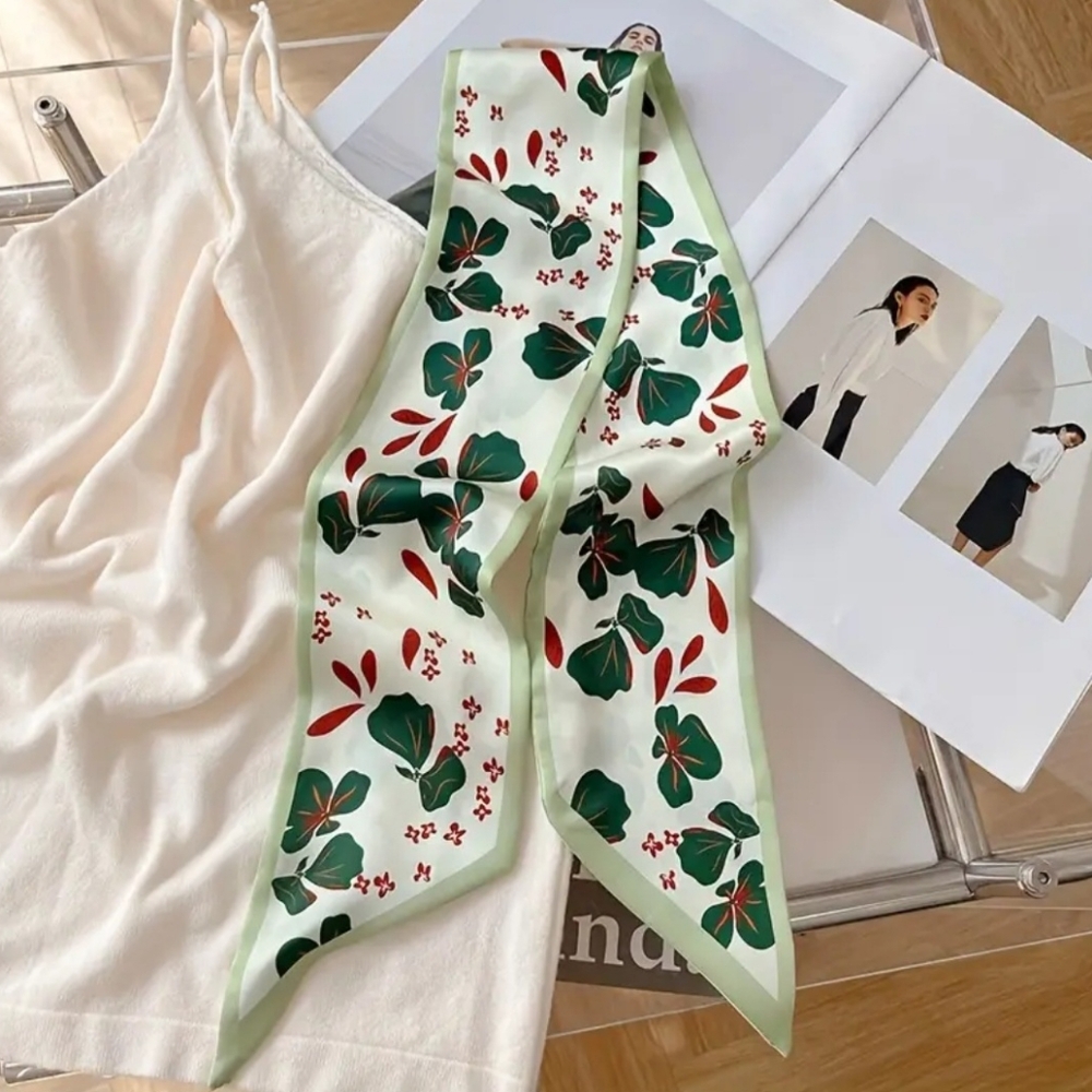 Satin Printed Twillies 4pcs Green Patterned Scarves - Picture 5 of 9